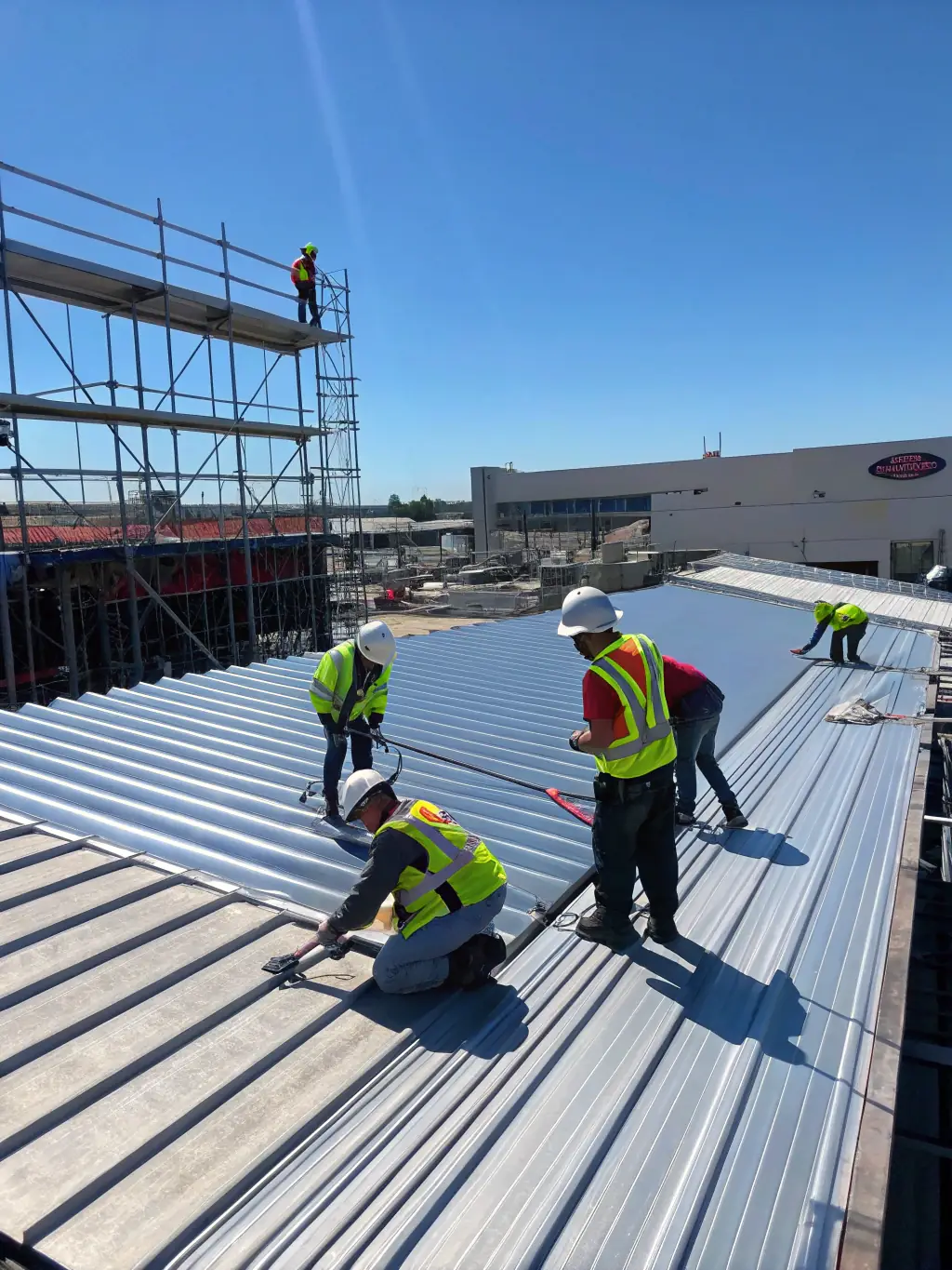 A team of workers installing a metal roof on a commercial building during daylight, demonstrating commercial roofing expertise by Lancaster Roofing.