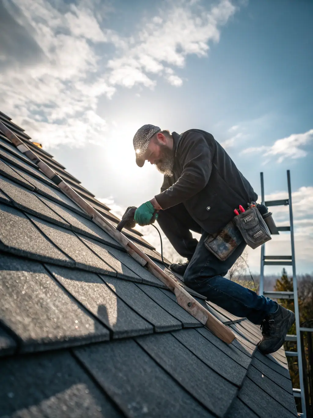 A professional roofer installing shingles on a residential home with a clear blue sky in the background, showcasing residential roofing services by Lancaster Roofing.