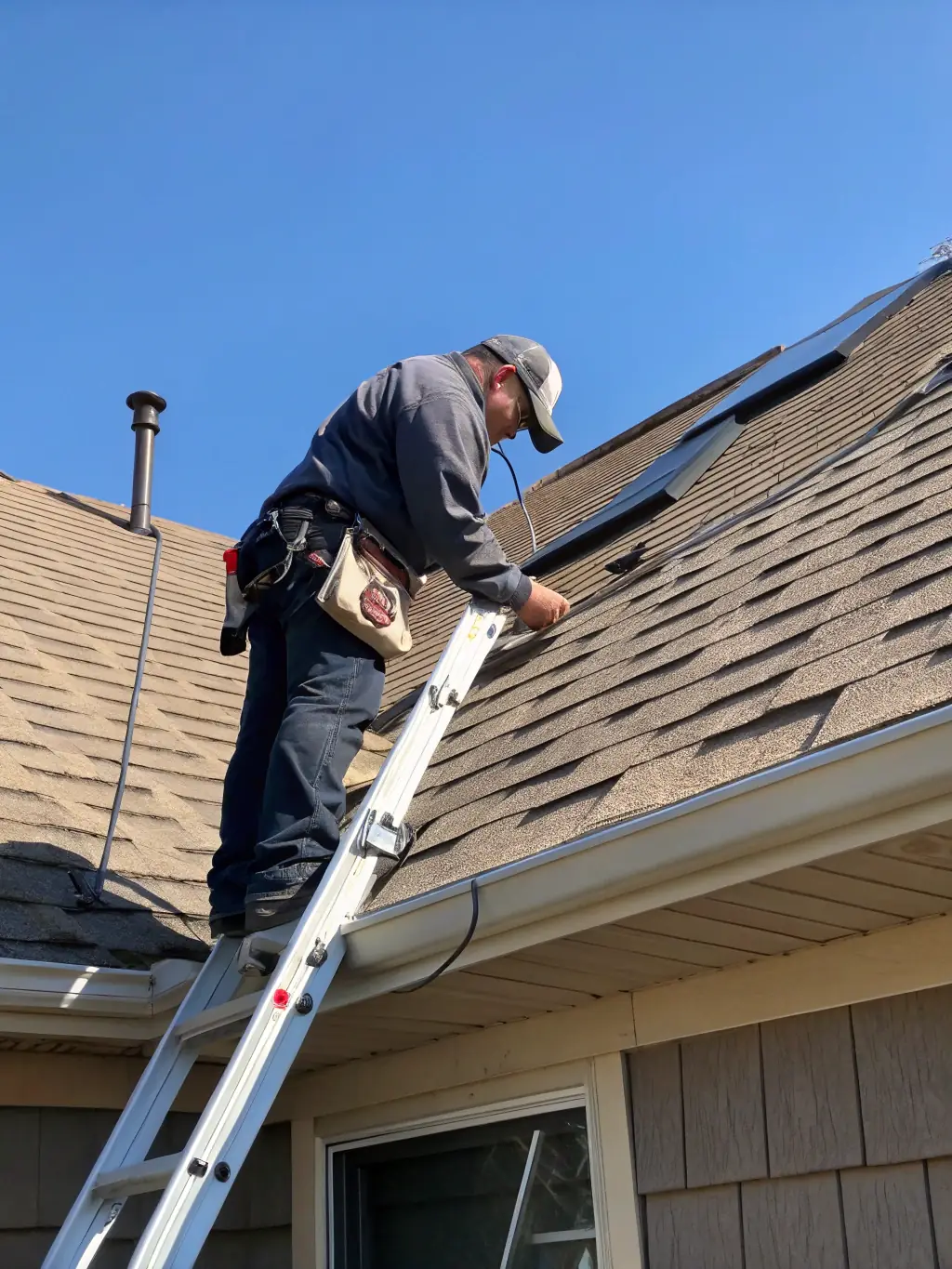 A technician inspecting a roof with a ladder, checking for damage after a storm, highlighting roof repair and maintenance services by Lancaster Roofing.