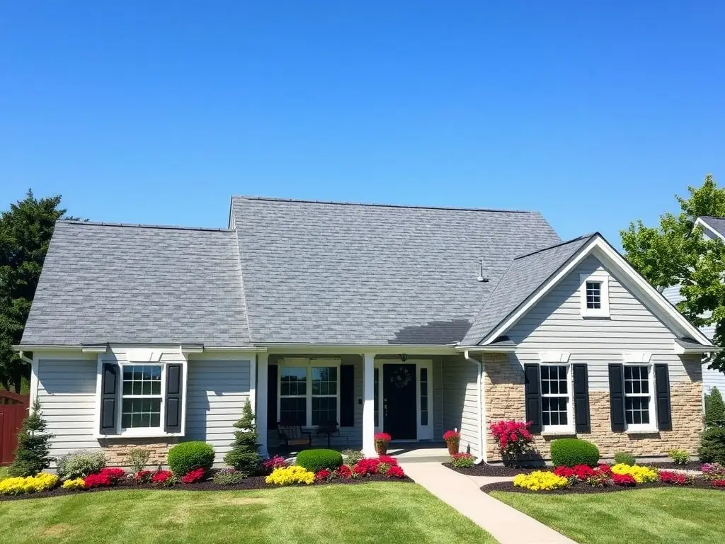 A residential house with a newly installed asphalt shingle roof, showcasing its durability and aesthetic appeal in a suburban setting. The image should highlight the quality of the roofing material and the craftsmanship of the installation.